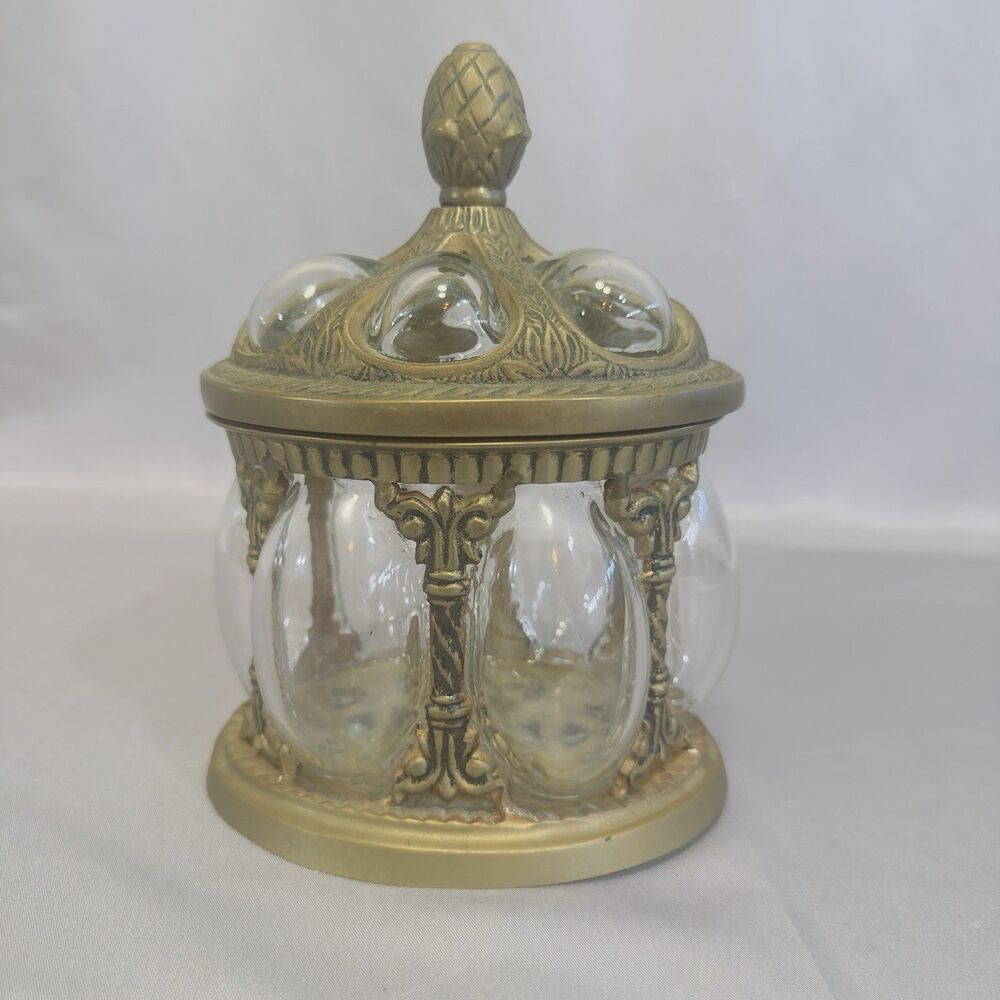 Vtg Solid Brass & Hand-Blown Bubble Glass Dome Caged Apothecary Jar 7.25"